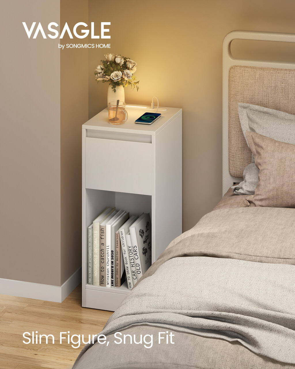 Noptiera cu iluminare LED si porturi USB, Vasagle, 30x25x59.5 cm, MDF/PAL, alb - imagine 7